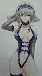 Rule 34 | 1girl, alternate costume, alternate hairstyle, bad id, bad pixiv id, bare shoulders, bondage outfit, braid, breasts, collar, collarbone, elbow gloves, fishnet gloves, fishnets, gloves, grey eyes, grey gloves, hand in own hair, izayoi sakuya, large breasts, leotard, maid, maid headdress, maid leotard, midriff, navel, revealing clothes, shu (loveeater), silver hair, solo, thigh strap, touhou, twin braids, unconventional maid