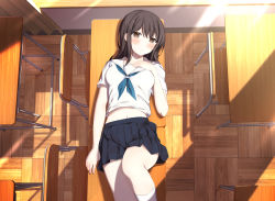 Rule 34 | 1girl, aqua neckerchief, black skirt, blush, breasts, brown background, brown eyes, brown hair, chair, classroom, closed mouth, curtains, day, desk, dot mouth, echiru39, female focus, from above, hand on own chest, hand up, highres, indoors, knee up, kneehighs, light rays, long hair, looking at viewer, lying, medium breasts, midriff, miniskirt, navel, neckerchief, on back, on desk, original, paid reward available, pleated skirt, school chair, school desk, school uniform, serafuku, shirt, short sleeves, skirt, socks, solo, stomach, sunlight, white shirt, white socks, wooden floor