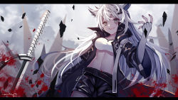 Rule 34 | 1girl, aluppia, animal ears, arknights, black jacket, black shorts, blood, blood splatter, blurry, blurry background, breasts, brown eyes, cloud, commentary request, fingerless gloves, gloves, grey gloves, hair between eyes, highres, jacket, lappland (arknights), letterboxed, long hair, long sleeves, looking at viewer, medium breasts, nail polish, open clothes, open jacket, scar, scar across eye, scar on face, shorts, sky, smile, solo, stomach, sword, weapon, white hair, wide sleeves