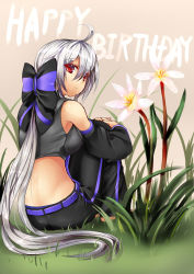 Rule 34 | 1girl, ahoge, back, barefoot, bow, detached sleeves, flower, from behind, grass, hair bow, highres, long hair, looking back, magu (mugsfc), midriff, ponytail, red eyes, red theme, silver hair, sitting, smile, solo, very long hair, vocaloid, yowane haku