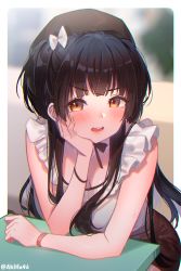 Rule 34 | 1girl, bare arms, beret, black hair, black hat, blurry, blurry background, blush, bow, breasts, brown eyes, brown skirt, cleavage, collarbone, commentary request, depth of field, hand on own face, hat, idolmaster, idolmaster shiny colors, kuri choko, lips, long hair, looking at viewer, mayuzumi fuyuko, medium breasts, open mouth, shirt, skirt, solo, teeth, twitter username, upper teeth only, v-shaped eyebrows, very long hair, white bow, white shirt