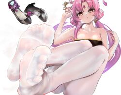 Rule 34 | 1girl, blush, feet, fu xuan (honkai: star rail), honkai: star rail, honkai (series), kukoi, long hair, looking at viewer, pantyhose, parted lips, pink hair, shoes, unworn shoes, soles, steam, toes, white pantyhose, yellow eyes