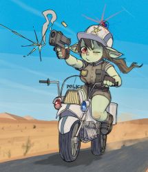 Rule 34 | 1girl, aiming, belt, blush, boots, breasts, brown hair, buttons, casing ejection, colored skin, desert, dust cloud, female goblin, fingerless gloves, firing, gigawix, gloves, goblin, green skin, gun, hair blowing, handgun, helmet, large breasts, long hair, monster girl, motion blur, motor vehicle, motorcycle, one eye closed, original, pistol, pointy ears, police, police badge, police uniform, policewoman, red eyes, rivets, shell casing, short sleeves, shorts, shortstack, smoke, solo, star (symbol), uniform, vest, weapon, wince