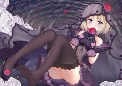 Rule 34 | 1girl, ass, azur lane, bare shoulders, black dress, black gloves, black thighhighs, blonde hair, blue eyes, breasts, covered navel, dress, feet, flower, gloves, highres, kana (kuaua), knees up, looking at viewer, mouth hold, no shoes, red flower, rose, see-through, shoes, short hair, single shoe, small breasts, solo, thighhighs, thighs, veil, wedding dress, z23 (azur lane), z23 (schwarze hochzeit) (azur lane)