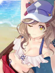 Rule 34 | 1girl, absurdres, alternate costume, animal ears, arm up, armpits, beach, beach chair, blue hat, blush, breasts, cabbie hat, cleavage, commentary request, ears through headwear, hat, highres, horei tsuna, horse ears, horse girl, lens flare, matikane tannhauser (umamusume), medium breasts, navel, ocean, one eye closed, outdoors, sand, smile, solo, umamusume, water, yellow eyes