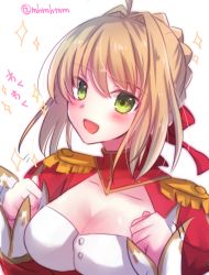 Rule 34 | 10s, 1girl, :d, blonde hair, blush, braid, breasts, cleavage, cleavage cutout, clothing cutout, dress, epaulettes, fate/extra, fate (series), green eyes, hair intakes, hair ribbon, highres, long sleeves, looking at viewer, medium breasts, nero claudius (fate), nero claudius (fate) (all), nero claudius (fate/extra), open mouth, red dress, red ribbon, ribbon, simple background, smile, solo, sparkle, tanaji, twitter username, white background