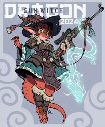 Rule 34 | 1girl, 2024, armor, armored skirt, barefoot, blue skirt, breastplate, chinese zodiac, colored sclera, colored skin, commentary, detached sleeves, dragon girl, dragon horns, english commentary, faulds, fewer digits, floating, full body, greaves, green eyes, gun, hat, highres, holding, holding gun, holding weapon, horns, jewelry, kabewski, long pointy ears, looking at viewer, original, pelvic curtain, pointy ears, red skin, rifle, ring, scope, skirt, slit pupils, sniper rifle, solo, tail, weapon, wide sleeves, witch, witch hat, year of the dragon, yellow sclera