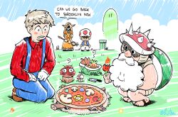 Rule 34 | 1girl, 3boys, artist name, black eyes, blonde hair, brown footwear, brown hair, chilchuck tims, cloud, cooking, cosplay, day, dress, dungeon meshi, english text, fire flower, food, gloves, goomba, green shell (mario), holding, holding staff, kneeling, knife, laios touden, lakitu, lakitu (cosplay), marcille donato, mario, mario (cosplay), mario (series), multiple boys, mushroom, mushroom hat, nintendo, olistar255, orange dress, outdoors, overalls, pants, pizza, princess daisy, princess daisy (cosplay), red shirt, saliva, sandals, senshi (dungeon meshi), shirt, speech bubble, squatting, staff, standing, star bit, toad (mario), toad (mario) (cosplay), warp pipe, white beard, white gloves, white pants, x x