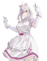 1girl ahoge bandaged_arm bandages blush breasts cross_hat_ornament doskoisamurai eyes_visible_through_hair gloves grey_hair hair_ornament hair_over_one_eye hat highres holding holding_syringe large_breasts long_hair looking_at_viewer mole mole_under_eye nijisanji nurse nurse_cap smile sukoya_kana sukoya_kana_(1st_costume) syringe twintails virtual_youtuber white_wrist_cuffs wrist_cuffs x x_hair_ornament