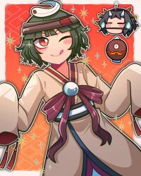 Rule 34 | 1jumangoku, 2others, ;q, argyle, argyle background, argyle clothes, black hair, blunt bangs, blush stickers, brown headband, brown kimono, candle, chibi, chibi inset, commentary, cosplay, gradient background, green hair, hairband, head only, headband, horns, japanese clothes, kimono, lamp, len&#039;en, mouth hold, multiple others, one eye closed, orange background, para (len&#039;en), red eyes, short hair, sleeves past fingers, sleeves past wrists, smile, sparkle, taira no chouki, taira no chouki (cosplay), tongue, tongue out, wide sleeves