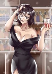 Rule 34 | 1girl, aged up, azumanga daiou, black dress, breasts, curvy, dress, facing viewer, female focus, hand through hair, highres, indoors, kagura (azumanga daioh), large breasts, looking at viewer, red wine, short hair, solo, wine