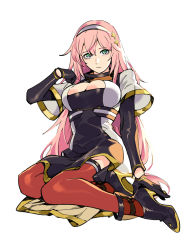 Rule 34 | 1girl, black dress, black footwear, black gloves, boots, breasts, cleavage, cleavage cutout, closed mouth, clothing cutout, dress, girls&#039; frontline, gloves, green eyes, hairband, high heel boots, high heels, highres, long hair, long sleeves, looking at viewer, photoshop (medium), pink hair, r93 (girls&#039; frontline), red thighhighs, revision, ruukii drift, shoes, simple background, sitting, solo, thighhighs, very long hair, white background, white hairband, yokozuwari