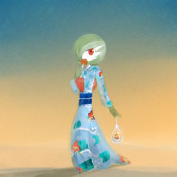 Rule 34 | 1girl, bag, blue background, blue kimono, bob cut, byte (grunty-hag1), candy apple, clothed pokemon, colored skin, creatures (company), eating, female focus, fish, flat chest, food, full body, game freak, gardevoir, gen 3 pokemon, gradient background, green hair, green skin, hair over one eye, hand up, holding, holding bag, holding food, japanese clothes, kimono, long sleeves, looking at viewer, multicolored skin, nintendo, obi, one eye covered, orange background, plastic bag, pokemon, pokemon (creature), red eyes, sash, short hair, simple background, solo, standing, two-tone background, two-tone skin, water, white skin