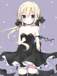 Rule 34 | 1girl, arm ribbon, bare arms, bare shoulders, black bow, black dress, black ribbon, black thighhighs, blonde hair, blue eyes, blush, bow, collarbone, commentary request, cowboy shot, dress, hair between eyes, hair bow, long hair, looking at viewer, low twintails, original, pale skin, parted lips, purple background, ribbon, simple background, solo, star (symbol), starry background, strapless, strapless dress, thighhighs, tia-chan, twintails, uchuuneko, uneven twintails, very long hair
