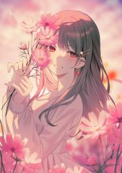 Rule 34 | achiki, blurry, blurry background, blurry foreground, blush, brown hair, day, earrings, field, flower, flower field, highres, holding, holding flower, jewelry, light, long hair, long sleeves, looking at viewer, nail polish, open mouth, orange nails, original, pink background, pink flower, red eyes, shirt, skirt, smile, sunlight, swept bangs, teeth, upper body, yellow shirt, yellow skirt