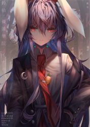 Rule 34 | 1girl, animal ears, artist name, bamboo, bamboo forest, blazer, buttons, carrot, closed mouth, collared shirt, crescent, crescent earrings, earrings, expressionless, forest, glowing, glowing eyes, hair between eyes, hand in pocket, heikokuru1224, highres, jacket, jewelry, long hair, long sleeves, looking at viewer, nature, necktie, purple hair, rabbit ears, red eyes, red necktie, reisen udongein inaba, shirt, solo, touhou, upper body, white shirt, wing collar