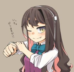 Rule 34 | 1girl, black hair, blue bow, blue bowtie, bow, bowtie, collarbone, commentary request, dress, dress shirt, fang, gradient background, grey background, hairband, halterneck, highres, kantai collection, long hair, looking at viewer, macbail, multicolored hair, naganami (kancolle), naganami kai ni (kancolle), pink hair, purple dress, purple eyes, shirt, sleeves rolled up, solo, thick eyebrows, translation request, two-tone hair, upper body, white hairband, white shirt