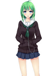 Rule 34 | 1girl, :d, ahoge, aki ii, ascot, blue eyes, blue skirt, blush, breasts, buttons, cardigan, collarbone, earbuds, earphones, green hair, green neckerchief, hair ornament, hairclip, hands in pockets, highres, long sleeves, looking at viewer, neckerchief, open mouth, original, pleated skirt, school uniform, shiny skin, simple background, skirt, smile, solo, white background, x hair ornament