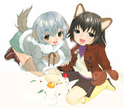 Rule 34 | 2girls, animal ears, blue eyes, blush, boots, breath, coat, dog ears, dog tail, from above, fur, inuburo, kneeling, looking at viewer, looking up, multiple girls, original, seam, short hair, shorts, silver hair, smile, snow rabbit, snowman, tail, thighhighs, turtleneck, vest, yellow eyes, zettai ryouiki
