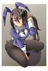 Rule 34 | 1girl, absurdly long hair, adapted costume, alto-00, animal ears, black hair, black pantyhose, boots, breasts, brown eyes, fake animal ears, frown, gloves, highres, jacket, kantai collection, leotard, long hair, long sleeves, nachi (kancolle), nachi kai ni (kancolle), necktie, pantyhose, playboy bunny, purple leotard, rabbit ears, rabbit tail, side ponytail, solo, squatting, tail, very long hair, white gloves
