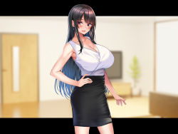 Rule 34 | 1girl, arm at side, armpits, black border, black hair, black skirt, blurry, blurry background, blush, border, breasts, cleavage, earrings, feet out of frame, female focus, hand on own hip, high-waist skirt, highres, huge breasts, indoors, jewelry, legs, long hair, looking at viewer, open mouth, original, red eyes, skirt, sleeveless, smile, solo, standing, takoneru, television, thighs, tokai onee-chan micchaku tanetsuke 27-ji