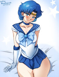 Rule 34 | 1girl, 2022, artist name, back bow, bishoujo senshi sailor moon, blue bow, blue bowtie, blue choker, blue eyes, blue hair, blue sailor collar, blue skirt, blush, bow, bowtie, breasts, brooch, choker, collarbone, dated, earrings, elbow gloves, female focus, gloves, gradient background, inner senshi, jewelry, leotard, lips, looking at viewer, matching hair/eyes, medium breasts, mina cream, miniskirt, mizuno ami, on bed, pleated skirt, sailor collar, sailor mercury, sailor senshi, sailor senshi uniform, shirt, short hair, short sleeves, sitting, skirt, solo, star (symbol), starry background, stud earrings, swept bangs, white background, white gloves, white leotard, white shirt