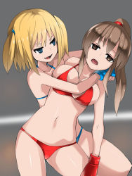 Rule 34 | 2girls, asphyxiation, bare shoulders, bikini, blonde hair, blue bikini, blue eyes, blue gloves, breasts, brown hair, choke hold, cleavage, defeat, drooling, fang, female focus, gloves, holding, large breasts, long hair, multiple girls, open mouth, original, pain, red bikini, red gloves, ryona, saliva, shamanwer, strangling, submission, swimsuit, thong, thong bikini, twintails, unconscious, wrestling