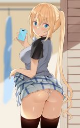 Rule 34 | 1girl, ass, bad id, bad twitter id, black shirt, blend s, blonde hair, blue skirt, blurry, blurry background, blush, brown thighhighs, cellphone, closed mouth, clothes lift, clothing cutout, depth of field, from behind, heart cutout, hinata kaho, holding, holding phone, indoors, lifting own clothes, long hair, looking back, micro panties, noripachi, panties, phone, plaid, plaid skirt, selfie, shiny skin, shirt, sidelocks, skirt, skirt lift, smartphone, solo, sunlight, sweatdrop, sweater vest, tareme, thighhighs, twintails, underwear, white panties