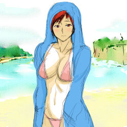 Rule 34 | 1girl, absurdres, bikini, blush, breasts, cleavage, dead or alive, dead or alive 5, female focus, hands in pockets, highres, hood, hoodie, kbt-type, large breasts, looking at viewer, mila (doa), open clothes, open hoodie, pink bikini, red eyes, red hair, short hair, sketch, solo, swimsuit