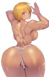 Rule 34 | 1girl, absurdres, arched back, ass, back, backboob, bad id, bad pixiv id, blonde hair, blue eyes, breasts, derivative work, highres, large breasts, looking at viewer, looking back, muscle, muscular, muscular female, panties, short hair, simple background, solo, sookmo, thong, topless, underwear, white background