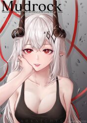 Rule 34 | 1girl, 1other, absurdres, arknights, bare shoulders, black tank top, breasts, bright pupils, character name, cleavage, commentary, grin, heart, heart-shaped pupils, highres, horns, large breasts, long hair, looking at viewer, mudrock (arknights), parted lips, pink lips, red eyes, revision, rossweisserita3, smile, solo focus, symbol-shaped pupils, tank top, upper body, very long hair, white hair, white pupils