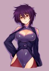 Rule 34 | 10s, 1girl, bare shoulders, breasts, cleavage, covered navel, cowboy shot, female focus, hand on own hip, jpeg artifacts, kazuma muramasa, large breasts, liebert, looking at viewer, majin bone, navel, parted lips, purple background, purple eyes, purple hair, red eyes, short hair, solo, standing