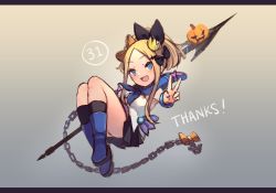 Rule 34 | 1girl, :d, abigail williams (fate), azur lane, bare shoulders, black bow, black ribbon, black skirt, black socks, blonde hair, blue eyes, blue footwear, blush, boots, bow, camisole, chain, commentary, cosplay, crown, english commentary, fate/grand order, fate (series), forehead, full body, hair bow, hair ribbon, high ponytail, jack-o&#039;-lantern, javelin, javelin (azur lane), javelin (azur lane) (cosplay), kneehighs, letterboxed, long hair, looking at viewer, mini crown, miya (miyaruta), open mouth, orange bow, parted bangs, pleated skirt, ponytail, ribbon, sidelocks, skirt, smile, socks, solo, thank you, tilted headwear, v, white camisole