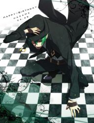 Rule 34 | 1boy, arc system works, blazblue, character name, checkered floor, dated, floor, formal, green hair, happy birthday, hat, hazama, jou (mono), male focus, one eye closed, pants, shoes, solo, squatting, suit, wink, yellow eyes