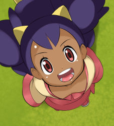 Rule 34 | 1girl, big hair, brown eyes, commentary request, creatures (company), dark-skinned female, dark skin, downblouse, eyelashes, flat chest, from above, game freak, gym leader, iris (pokemon), long hair, looking at viewer, nintendo, nipples, open mouth, pink footwear, pokemon, pokemon bw, purple hair, refuto, shoes, smile, solo, standing, teeth, tongue, two side up