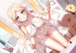 Rule 34 | 1girl, absurdres, azur lane, blonde hair, blue eyes, book, breasts, brest (azur lane), chair, dress, dutch angle, highres, large breasts, looking at viewer, manjuu (azur lane), open mouth, qs13280809727, reading, sitting, white dress, window