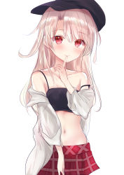 Rule 34 | 1girl, absurdres, bare shoulders, black camisole, black hat, blush, cabbie hat, camisole, closed mouth, collarbone, commentary request, crop top, fate/kaleid liner prisma illya, fate (series), finger to mouth, hair between eyes, hand up, hat, highres, illyasviel von einzbern, index finger raised, light brown hair, long hair, long sleeves, looking at viewer, natsu (sinker8c), navel, off shoulder, open clothes, open shirt, pleated skirt, red eyes, red skirt, shirt, sideways hat, simple background, skirt, smile, solo, strap slip, very long hair, white background, white shirt