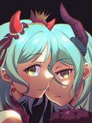 Rule 34 | 2girls, aqua hair, bang dream!, commentary, crown, demon horns, earrings, green eyes, hair between eyes, halloween, headdress, heart, heart earrings, hiding, hiding behind another, highres, hikawa hina, hikawa sayo, horns, imminent kiss, incest, jewelry, long hair, looking at viewer, looking back, multiple girls, naughty face, profile, siblings, signature, sisters, smile, symbol-only commentary, twincest, twins, xin (blueramen), yuri