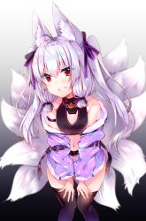 Rule 34 | 1girl, ahoge, animal ear fluff, animal ears, bare shoulders, black thighhighs, breasts, cleavage cutout, clothing cutout, crop top, fox ears, fox girl, fox tail, gradient background, grin, hair ribbon, highres, jacket, kitsune, kyuubi, long hair, long sleeves, looking at viewer, midriff, multiple tails, navel, off shoulder, open clothes, open jacket, original, purple jacket, red eyes, ribbon, short shorts, shorts, sleeveless, small breasts, smile, solo, standing, tail, thighhighs, thighs, twintails, usagihime, white hair, white shorts