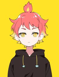 Rule 34 | 1boy, black hoodie, blonde hair, closed mouth, commentary request, drawstring, highres, hikasa shikatarou, hood, hood down, hoodie, kiko (kikobooom), looking at viewer, male focus, multicolored hair, official art, red hair, simple background, solo, thick eyebrows, two-tone hair, upper body, virtual youtuber, voms, yellow background, yellow eyes