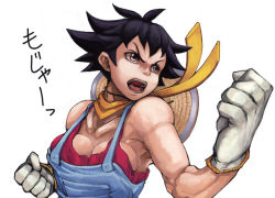 Rule 34 | 1girl, alternate costume, black hair, breasts, brown eyes, capcom, choker, cleavage, flipped hair, gloves, hat, large breasts, makoto (street fighter), muscular, open mouth, overalls, ribbon choker, scarf, short hair, solo, street fighter, street fighter iii (series), street fighter iv (series), sun hat, tank top, teeth, teruki