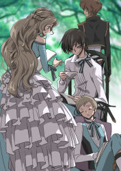 Rule 34 | 1girl, 3boys, black jacket, blue pants, blue shirt, blue vest, blurry, blurry background, book on lap, braid, brown hair, closed mouth, code geass, cup, day, dress shirt, french braid, gun, highres, holding, holding gun, holding weapon, jacket, kururugi suzaku, layered skirt, lelouch vi britannia, long hair, long skirt, long sleeves, looking down, multiple boys, nunnally vi britannia, nuts takahashi, off-shoulder shirt, off shoulder, outdoors, pants, profile, purple eyes, ribbon, rolo lamperouge, shirt, short hair, sitting, skirt, sleeping, smile, standing, striped ribbon, teacup, very long hair, vest, weapon, white shirt, white skirt
