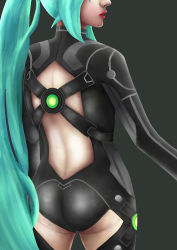 Rule 34 | 1girl, ass, back, back cutout, banagher 13, bodysuit, clothing cutout, from behind, green hair, green heart (neptunia), lips, lipstick, long hair, makeup, neptune (series), parted lips, ponytail, solo, vert (neptunia), very long hair