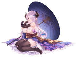 Rule 34 | 1girl, bare shoulders, black gloves, black thighhighs, blue eyes, braid, breasts, cait aron, crown braid, draph, dress, elbow gloves, fishnet gloves, fishnets, french braid, full body, gloves, granblue fantasy, hair over one eye, highres, horns, japanese clothes, large breasts, long hair, looking at viewer, narmaya (granblue fantasy), narmaya (visions of butterflies) (granblue fantasy), obi, oil-paper umbrella, parted lips, pink hair, pointy ears, purple dress, sarashi, sash, sidelocks, simple background, single braid, single elbow glove, sitting, solo, tareme, thighhighs, thighs, umbrella, underboob, wariza, white background