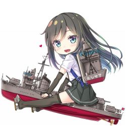 Rule 34 | 1girl, arm warmers, asashio (destroyer), asashio (kancolle), black hair, black skirt, black thighhighs, blue eyes, character name, commentary request, full body, gotou hisashi, heart, historical name connection, kantai collection, long hair, looking at viewer, machinery, name connection, object namesake, pleated skirt, riding, ship, shirt, short sleeves, simple background, skirt, smile, smokestack, solo, suspender skirt, suspenders, thighhighs, watercraft, white background, white shirt