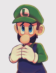 Rule 34 | 1boy, blue eyes, blue overalls, blush, brown hair, commentary request, facial hair, frown, gloves, green hat, green shirt, hands up, hat, hiyashimeso, long sleeves, looking at viewer, luigi, male focus, mario (series), mustache, nintendo, open mouth, overalls, own hands together, raised eyebrows, shirt, short hair, simple background, solo, white background, white gloves