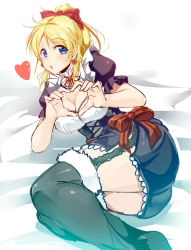 Rule 34 | 1girl, ajishio, apron, artist name, artist request, ayase eli, bed, birthday, black dress, black footwear, black skirt, black thighhighs, blonde hair, blue eyes, blush, bow, bowtie, breasts, center opening, cleavage, collar, cross-laced clothes, cross-laced dress, detached collar, dress, dress bow, earrings, female focus, flower earrings, frilled apron, frilled collar, frilled dress, frilled shirt collar, frilled sleeves, frills, fur-trimmed legwear, fur trim, garter straps, hair between eyes, hair bow, happy birthday, heart, heart hands, high ponytail, jewelry, large breasts, long hair, looking at viewer, love live!, love live! school idol festival, love live! school idol project, maid, maid apron, maid headdress, medium breasts, miniskirt, mogyutto &quot;love&quot; de sekkin chuu!, neck ribbon, on bed, open mouth, parted lips, plaid, plaid dress, plaid skirt, pleated, pleated dress, pleated skirt, ponytail, puffy short sleeves, puffy sleeves, red bow, red ribbon, ribbon, scrunchie, shoes, short sleeves, skirt, smile, solo, swept bangs, thighhighs, white apron, white detached collar
