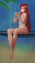 Rule 34 | 1girl, barefoot, flat chest, food, last origin, long hair, looking at viewer, night angel (last origin), nyanom, one-piece swimsuit, one side up, open mouth, popsicle, red eyes, red hair, sitting, solo, swimsuit, very long hair, white one-piece swimsuit