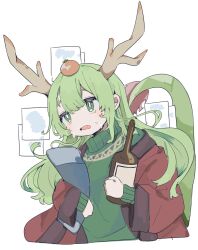 Rule 34 | 1girl, antlers, bottle, bright pupils, cropped torso, fang, food, food on head, fruit on head, green eyes, green hair, green sweater, highres, holding, holding bottle, horns, jacket, long hair, nomi mushi, object on head, open mouth, original, paper, red jacket, sidelocks, solo, sweatdrop, sweater, tomato, turtleneck, turtleneck sweater, upper body, white background, white pupils