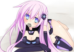 Rule 34 | 10s, 1girl, bad id, bad pixiv id, barefoot, blue eyes, blush, breasts, cleavage, condom, condom in mouth, hair ornament, highres, long hair, looking at viewer, meimu (infinity), mouth hold, nepgear, neptune (series), pink hair, purple sister, solo, symbol-shaped pupils